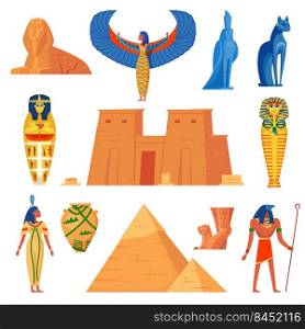 Egyptian history characters set. Ancient Egypt symbols, cat, Iris, deity with bird headpiece, Horus, pyramids, sphynx, Nefertiti, Cleopatra. For mythology, legend, culture, Egyptology concept