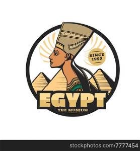 Egyptian museum icon, Egypt travel and culture tourism vector icon. Nefertiti and Ancient Egypt pharaoh pyramids, Cairo and Giza Egyptian travel landmarks. Egyptian museum, Nefertiti and pharaoh pyramids