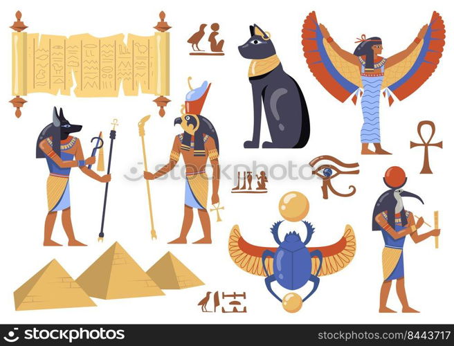 Egyptian mythology characters set. Ancient Egypt symbols, cat, Iris, papyrus, deities with birds and animals heads, Scarabaeus sacer, pyramids. For history, legend, culture, Egyptology concept