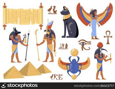 Egyptian mythology characters set. Ancient Egypt symbols, cat, Iris, papyrus, deities with birds and animals heads, Scarabaeus sacer, pyramids. For history, legend, culture, Egyptology concept