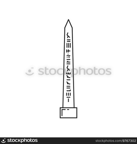 Egyptian obelisk with Ancient Egypt hieroglyphs or inscriptions, vector line icon. Ancient Egypt and pharaoh obelisk monument, Egyptian culture and history symbol. Egyptian obelisk, ancient Egypt pharaoh monument