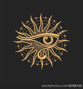 Egyptian occult and esoteric magic symbol, alchemy witchcraft icon. Vector eye of Ra, magic ethnic amulet, occultism vision sign, tribal chakra rays. Amulet Horus eye, witchcraft occult esoteric sign
