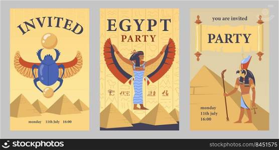 Egyptian party invitation card template set. Egyptian pyramids, Isis, scarab vector illustrations with time and date. Templates for announcing poster or flyer