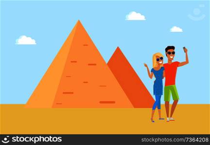 Egyptian pyramid and tourists taking pictures with phone, historical heritage attraction for people, remains of civilisation, vector illustration. Egyptian Pyramid and Tourists Vector Illustration