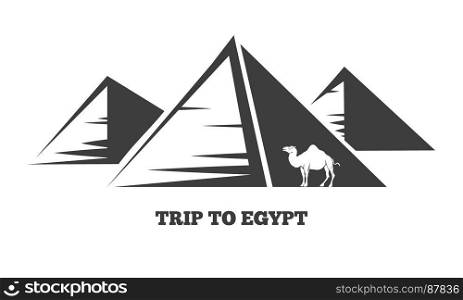 Egyptian pyramids and camel silhouettes. Trip to Egypt. The Egyptian pyramids and camel silhouettes. Vector illustration