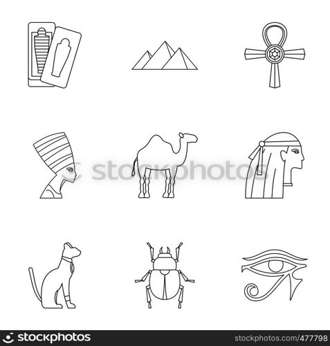 Egyptian pyramids icons set. Outline set of 9 Egyptian pyramids vector icons for web isolated on white background. Egyptian pyramids icons set, outline style