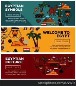 Egyptian symbols and culture promotional internet banners set. Famous pyramids and sphinx, cat statue, coral reef, strong camel, tall palms and national cuisine cartoon flat vector illustrations.. Egyptian symbols and culture promotional internet banners set