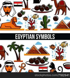 Egyptian symbols promo poster with traditional architecture and nature. Great pyramids, coral reef, tasty meat dish, bedouin face, country flag and desert camel isolated cartoon vector illustrations.. Egyptian symbols promo poster with traditional architecture and nature