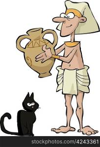 Egyptian with a vase and a cat vector