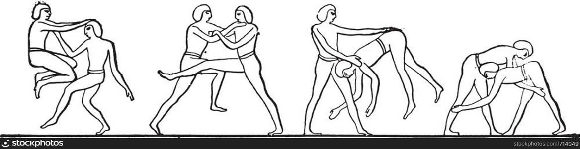 Egyptian wrestlers, vintage engraved illustration.