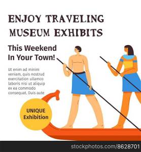 Egyptology and discovery of ancient and historical events in the past. Enjoy traveling museum exhibits this weekend in your town. Promotional banner, advertisement poster. Vector in flat style. Enjoy traveling museum exhibits, this weekend