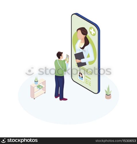 Ehealth smartphone app isometric illustration. Male patient communicating with personal medical specialist cartoon character. Doctor consulting client online. Futuristic healthcare system
