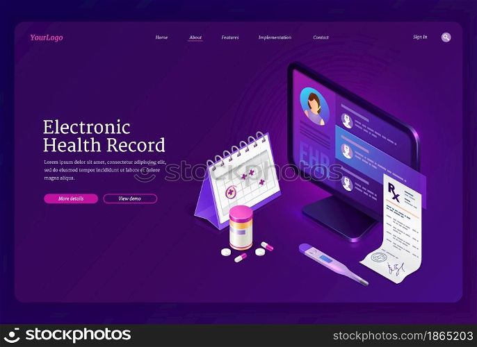 Ehr, electronic health record isometric landing page. Innovative medicine technology, electronically stored information database, pc with patient profile and pills, telehealth, 3d vector web banner. Ehr, electronic health record isometric landing