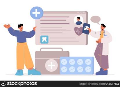 EHR technology. Electronic medical record concept. Patient and doctor characters on online examination, discussion of test results,healthcare service cartoon flat vector illustration. EHR technology. Electronic medical record