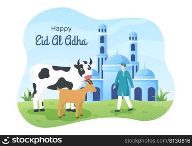 Eid al Adha Background Cartoon Illustration for the Celebration of Muslim with Slaughtering an Animal as a Cow, Goat or Camel and share it