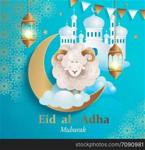 Eid al-Adha Banner.Poster for traditional muslim holiday with sheep, golden ornament,lamp and mosque for happy sacrifice celebration. Islamic greeting card,eid- flyer, poster for social media.. Eid al-Adha Banner. Happy Mubarak. Vector.