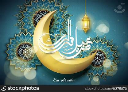 Eid Al adha design with golden crescent and floral decorations on turquoise background. Eid Al adha design