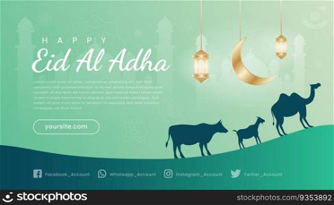 Eid al adha mubarak background, banner, greeting design with gradient green color theme. Silhouette mosque lamb, goat and camel.