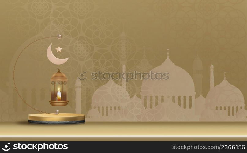 Eid al Adha Mubarak greeting design with Crescent Moon and Star hanging on 3D podium on Golden background.Vector Backdrop of Religion of Muslim Symbolic for Eid al fitr, Ramadan Kareem