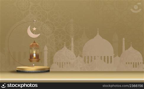 Eid al Adha Mubarak greeting design with Crescent Moon and Star hanging on 3D podium on Golden background.Vector Backdrop of Religion of Muslim Symbolic for Eid al fitr, Ramadan Kareem
