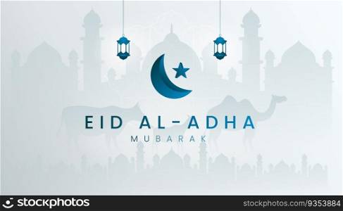 Eid al adha mubarak the celebration of muslim community festival background, banner, greeting design with gradient blue and white color theme. Silhouette mosque, lamb, goat and camel.