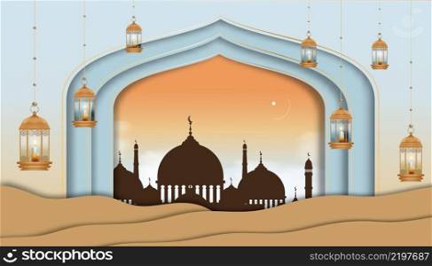 Eid Mubarak backdrop Mosque window with Islamic lantern and Candle hanging on wall background,Vector illustration for paper cut Islamic religions,Ramadan Kareem, Eid al fitr,Eid al Adha,Happy Muharram