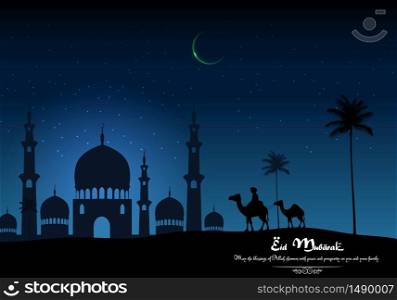Eid mubarak background with Arabian riding camel and mosque on night.Vector