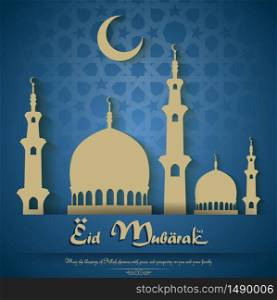Eid mubarak background with mosque and crescent moon.Vector