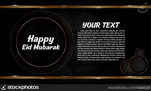 Eid mubarak black and golden background decorative greeting card vector design.Islamic art muslim holy day postcard design. Black banner with carved traditional girih pattern.