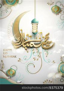 Eid Mubarak calligraphy design with golden crescent and fanoos hanging in the air, turquoise and pearl white tone. Eid Mubarak calligraphy