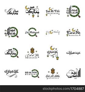 Eid Mubarak Calligraphy Pack Of 16 Greeting Messages. Hanging Stars and Moon on Isolated White Background Religious Muslim Holiday