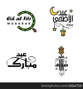 Eid Mubarak Calligraphy Pack Of 4 Greeting Messages. Hanging Stars and Moon on Isolated White Background Religious Muslim Holiday