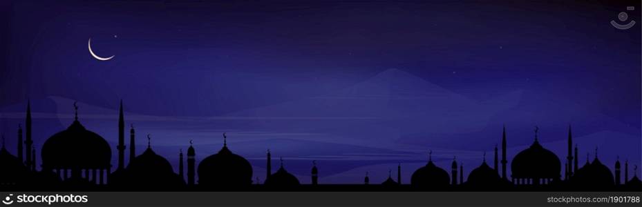 Eid Mubarak card, Ramadan Kareem with Silhouette Dome Mosques at night with crescent moon, dark blue sky,Vector banner background for Islamic religions ,Eid al-Adha, Eid al-fitr,Islamic new year