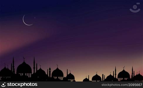 Eid Mubarak card, Silhouette Dome Mosques at night with crescent moon, dark blue sky,Vector banner background for Islamic religions ,Eid al-Adha, Eid al-fitr, Happy muharram, Islamic new year