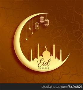 eid mubarak festival wishes greeting with golden moon mosque and lanterns