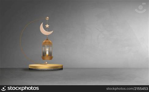 Eid Mubarak greeting card background with Crescent Moon,Star,Traditional islamic lantern on gray cement wall texture background.Vector Backdrop of Muslim Symbolic for Ramadan Kareem,Aid el fitre