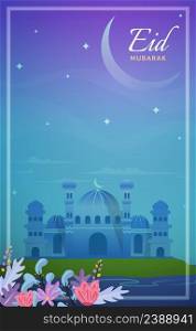 Eid Mubarak Greeting Card Mosque Night Sky Vector Design Template