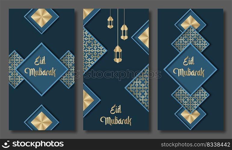 Eid mubarak greeting cards set. Eid holiday invitations templates collection with gold lettering. Vector illustration
