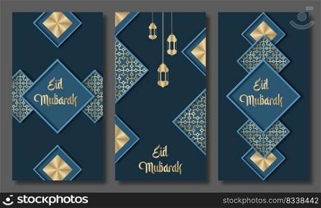 Eid mubarak greeting cards set. Eid holiday invitations templates collection with gold lettering. Vector illustration