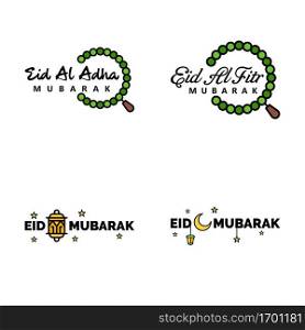 Eid Mubarak Handwritten Lettering. Vector Pack of 4 Calligraphy with Stars Isolated On White Background for Your Design