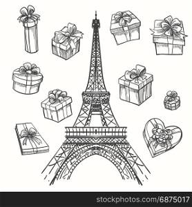 Eiffel tower and gift boxes. Gifts from Paris vector illustration. Eiffel tower and gift boxes