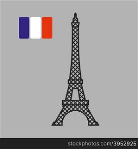 Eiffel Tower. Attraction of Paris. Vector illustration. Fflag of France on gray background.&#xA;