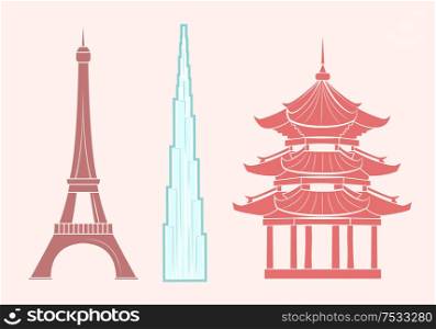 Eiffel Tower, Burj khalifa and Chinese Temple travel stickers. Tourism or world exploration, famous sights with landmarks vector illustrations set.. Eiffel Tower, Burj khalifa and Chinese Temple