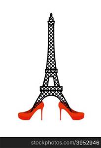 Eiffel Tower in red women&rsquo;s shoes. Fashion symbol of France. Vector logo landmark France. Architectural monument of country&#xA;
