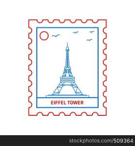 EIFFEL TOWER postage stamp Blue and red Line Style, vector illustration
