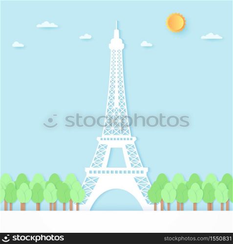 Eiffel tower surrounded by trees, blue sky and sun, paper art style