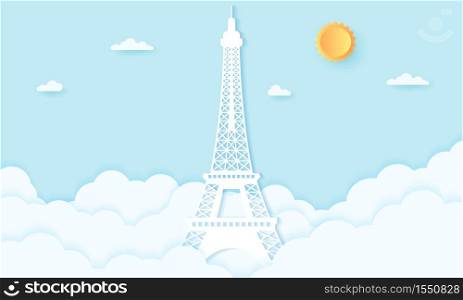 Eiffel tower with clouds, paper art style