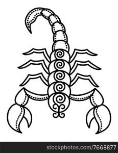 Eight astrological sign, scorpio associated with sky constellation. Zodiac represented by arachnid animal with poison in tail, scorpion symbol. Contour drawing on white background. Vector illustration. Zodiac Scorpio Sign, Animal with Poison, Scorpion