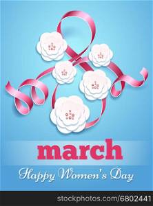 Eight march poster with paper flowers. Eight march poster with paper flowers. Handmade card happy woman day vector illustration