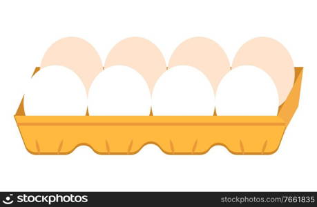 Eight oval shaped eggs in carton container. White eggshell cover other pieces. Edible ingredient of meals. Isolated organic product in package on white background. Vector illustration in flat style. Oval Shaped Egg in Carton Package, Organic Product